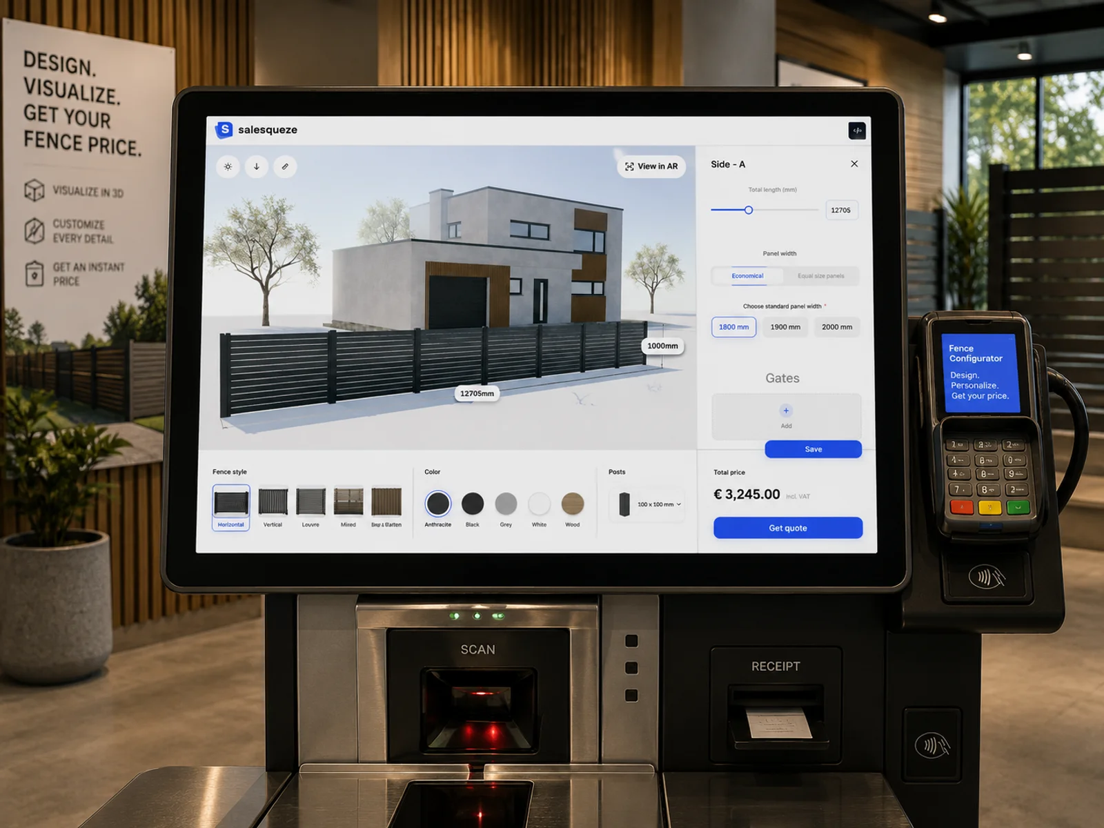 A self-checkout kiosk running the SaleSqueze fence configurator, showing a horizontal slat fence around a modern house with an instant price.
