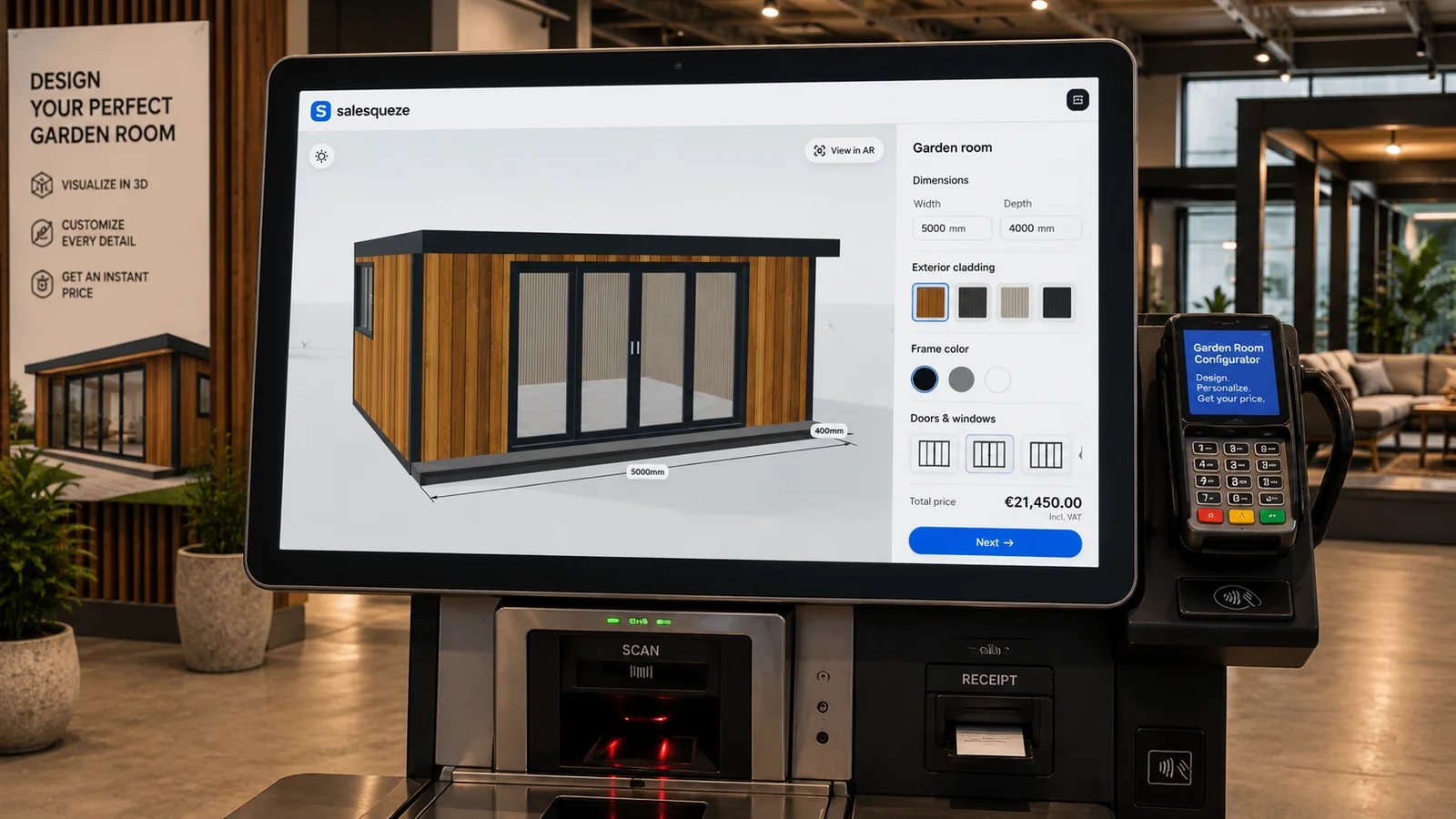A self-checkout kiosk running the SaleSqueze garden room configurator: a customer designs their room, sees it in 3D, and gets an instant price of €21,450 including VAT.