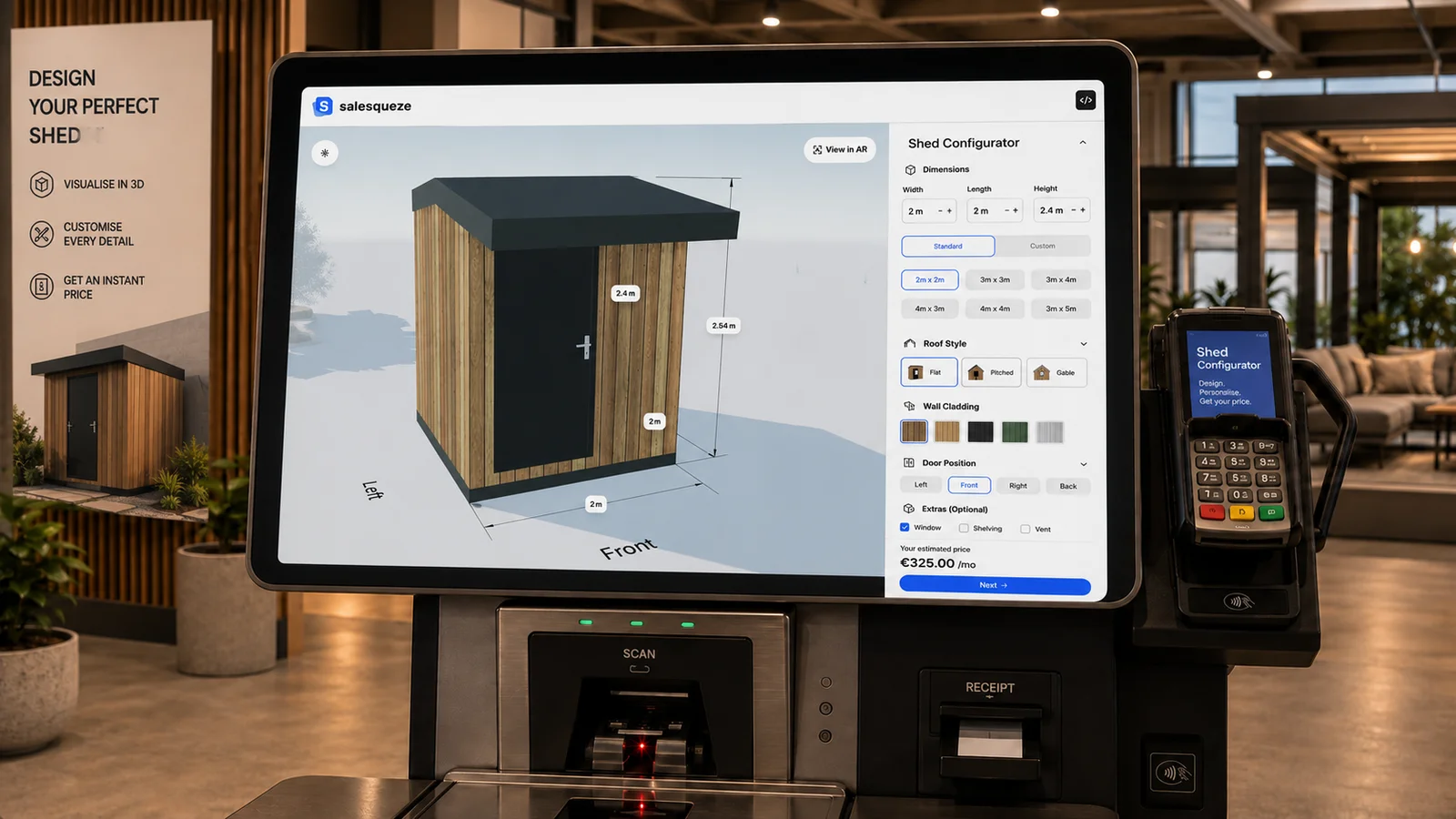 A self-checkout kiosk running the SaleSqueze shed configurator, showing a timber-clad shed in 3D with dimensions, roof and cladding options.