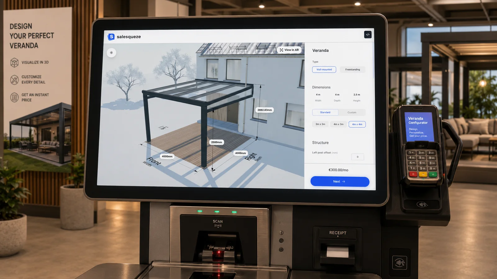 A self-checkout kiosk running the SaleSqueze veranda configurator, showing a wall-mounted veranda in 3D with its dimensions and an instant price.