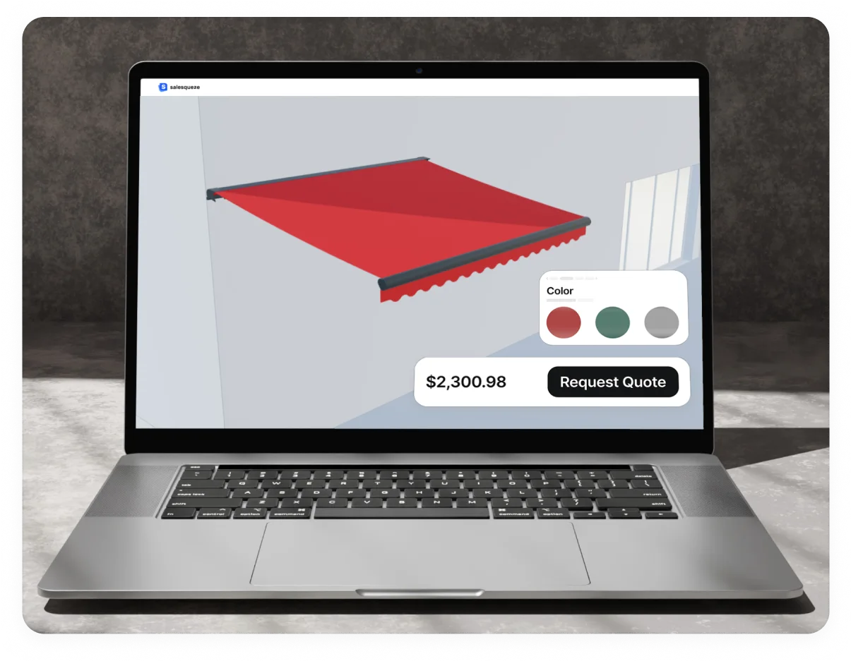 An awning configurator open on a phone, the buyer choosing fabric.