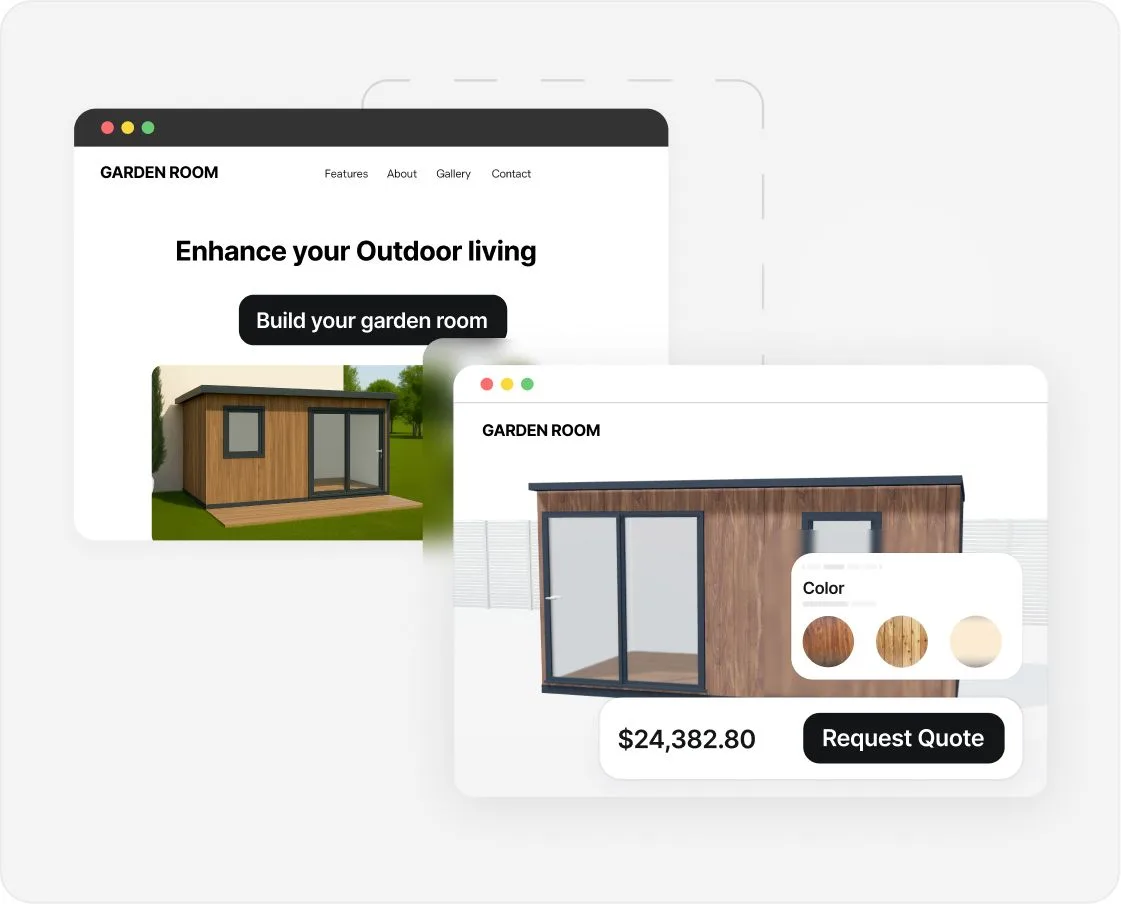 A glass enclosure configurator running on a dealer's site.