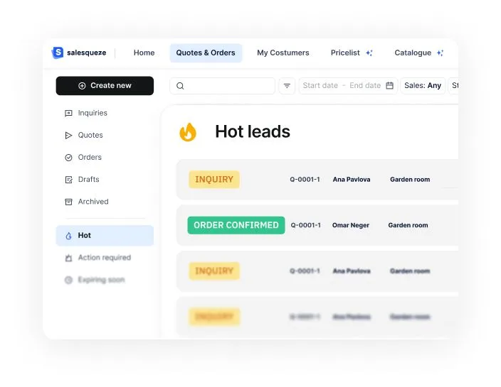 A lead flagged HOT in SalesHub, with the buyer's configured product attached.