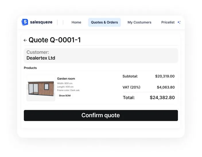 An automatically generated PDF quote with a render of the buyer's product.
