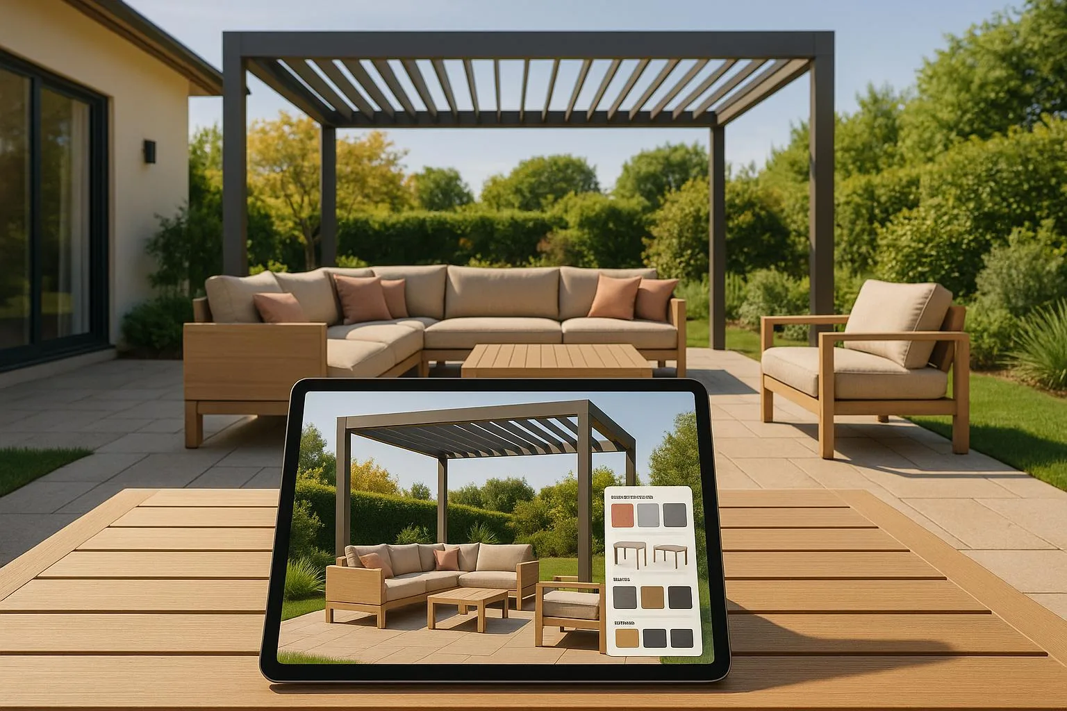 A photorealistic 3D pergola a buyer configured themselves.