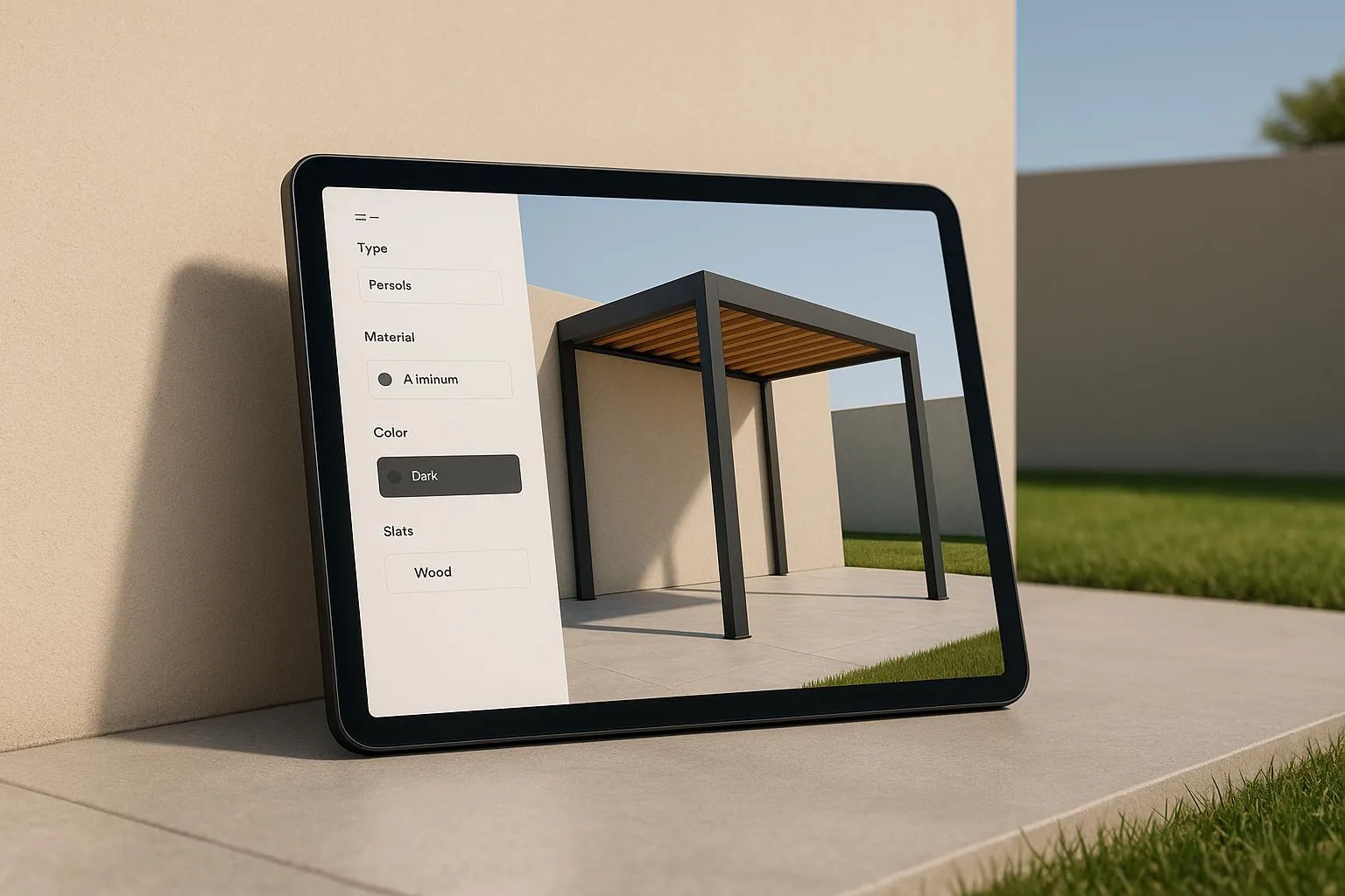 A pergola configurator running side by side on a laptop and a phone.