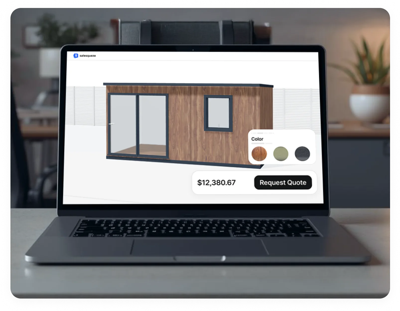 A garden room configurator on a phone, price updating as options change.