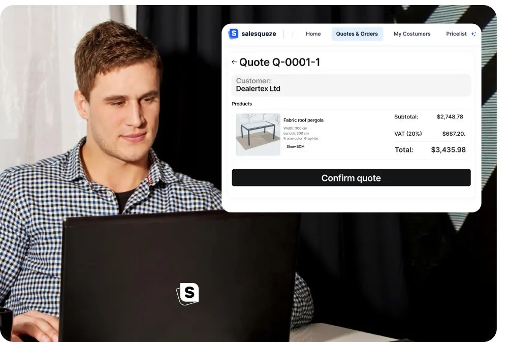 A lead list in SalesHub, each inquiry carrying the buyer’s configured product and budget.