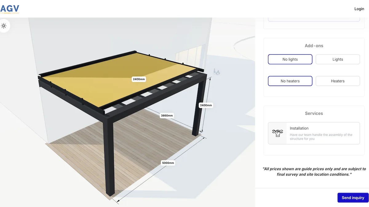 The veranda configurator that AGVerandas runs on their website.