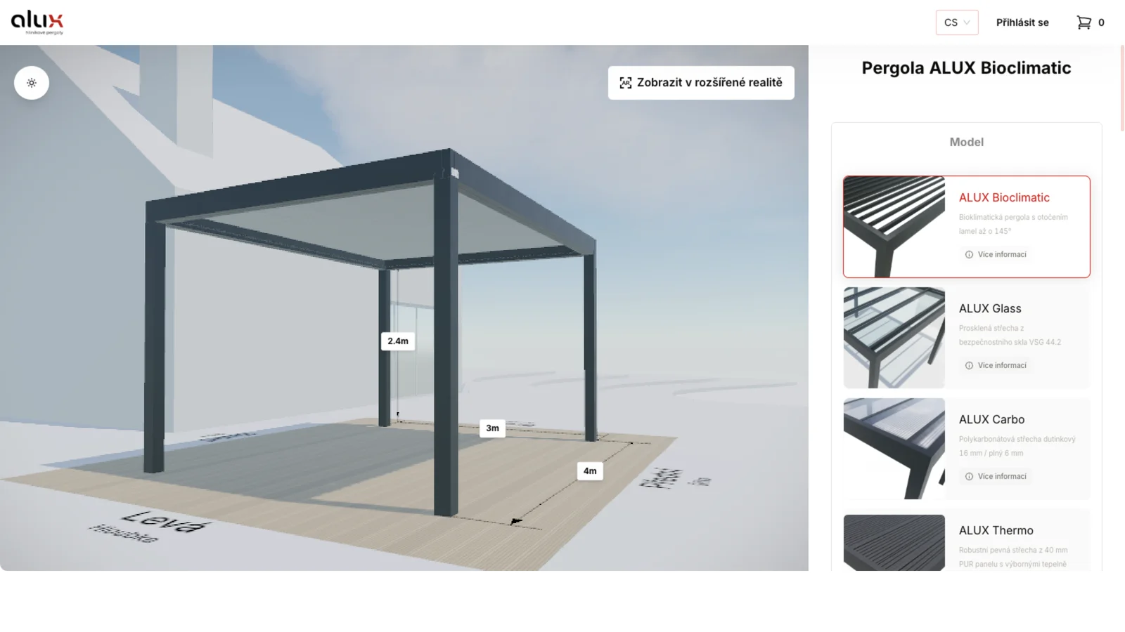 The ALUX Pergoly configurator with a bioclimatic pergola in 3D and the model and size controls open.