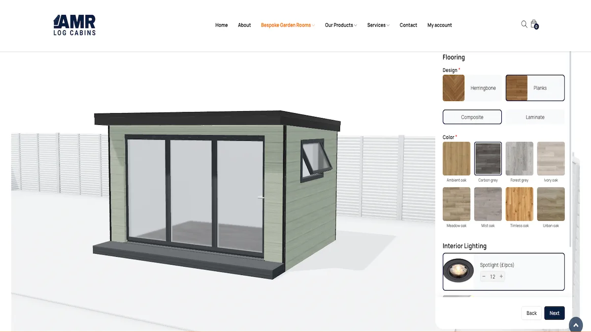 The garden room configurator that AMR Log Cabins runs on their website.