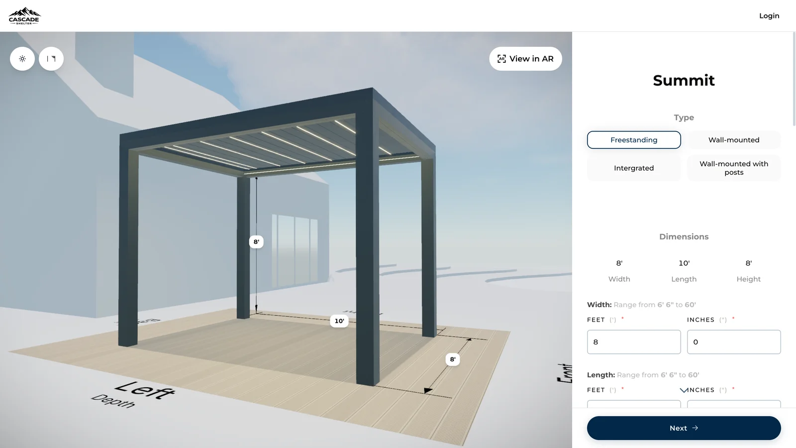The Cascade Shelter configurator with a Summit louvered pergola in 3D and the size controls open.