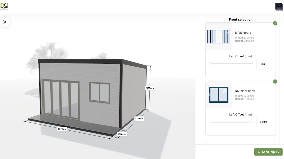 The garden room configurator that D&I Home Improvements runs on their website.