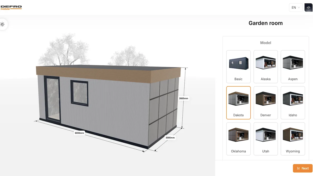 The garden room configurator that Defro runs on their website.