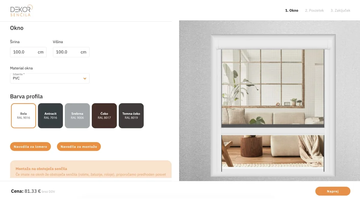 The roller mosquito nets configurator that Dekor senčila runs on their website.