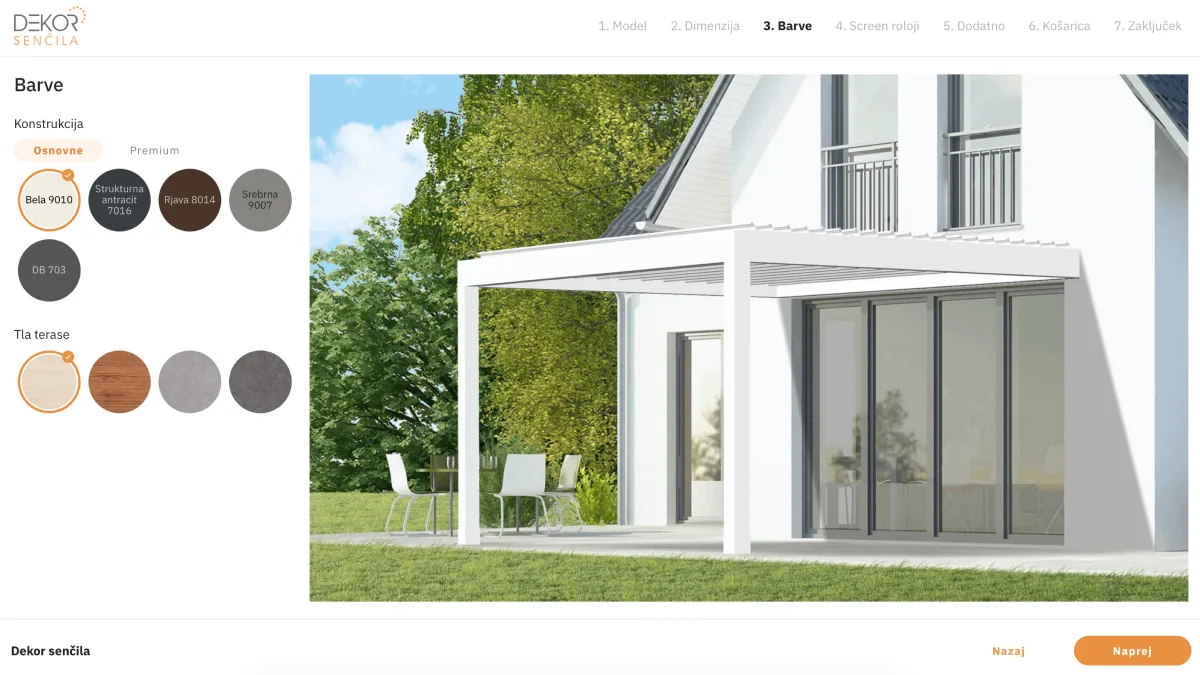 The Dekor senčila configurator with a pergola in 3D and the option panel open.
