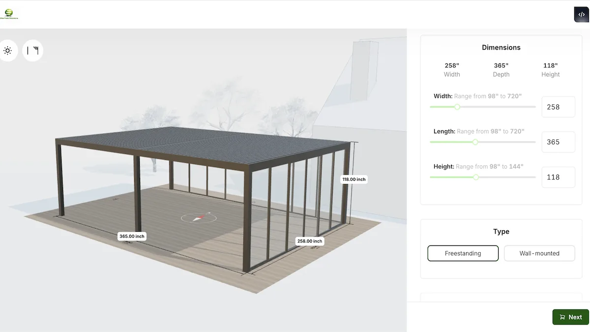 The pergola configurator that Elite Patio Solutions runs on their website.