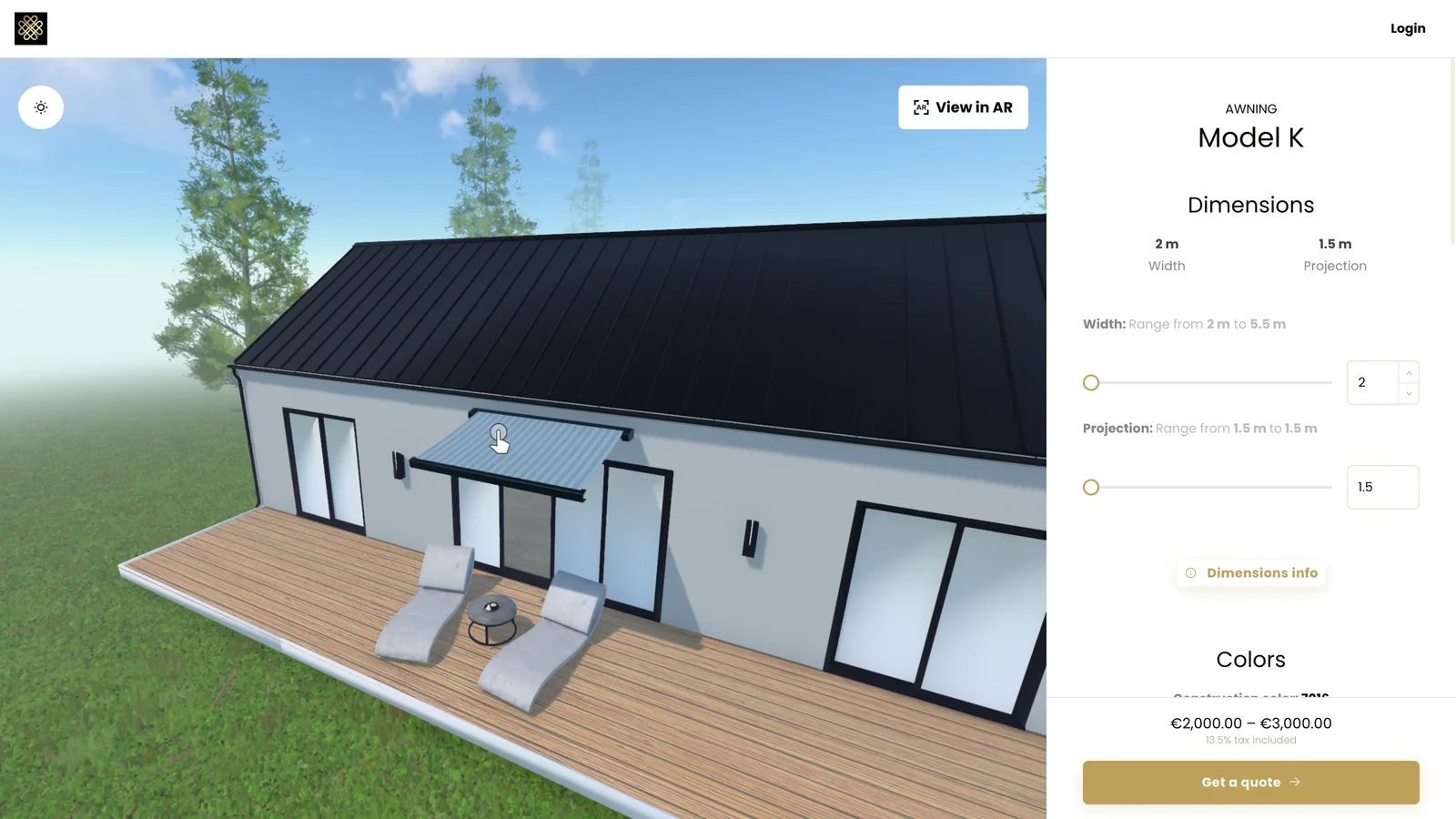 The Everlux configurator with a Model K awning in 3D and the size and colour controls open.