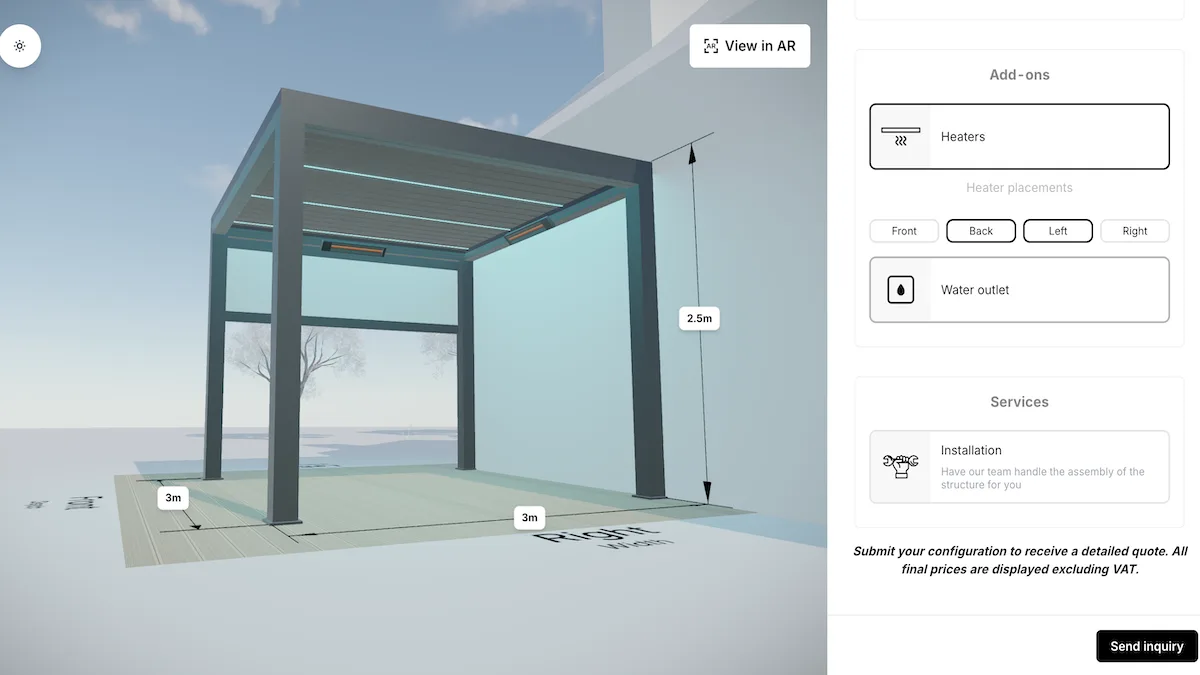 The pergola configurator that Finepoint Glass runs on their website.