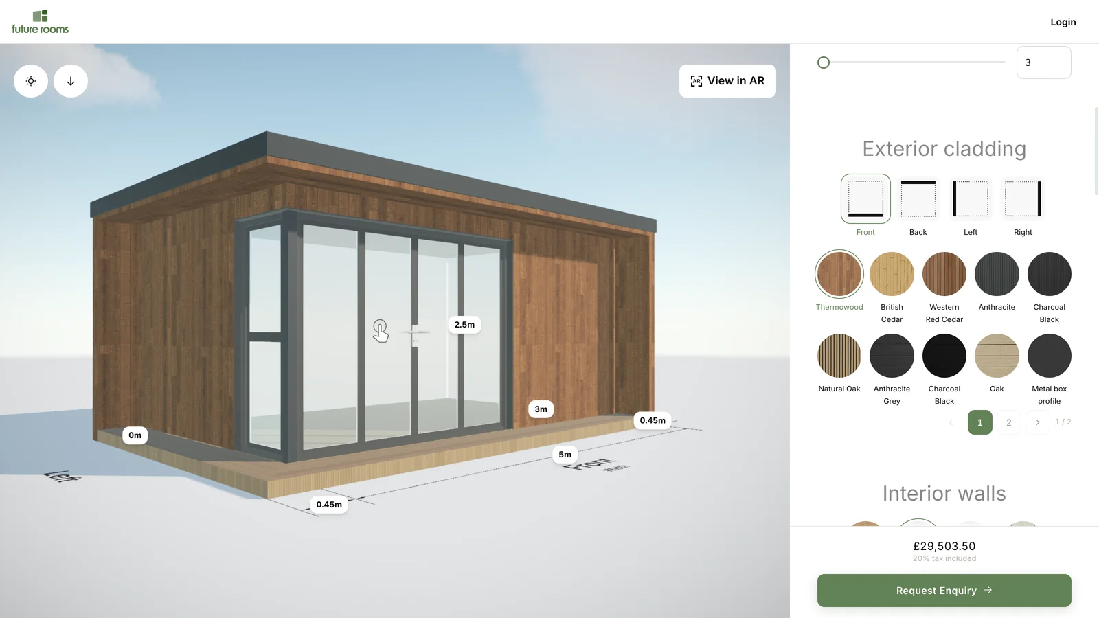 The Future Rooms designer with a garden room in 3D and the exterior cladding swatches open.