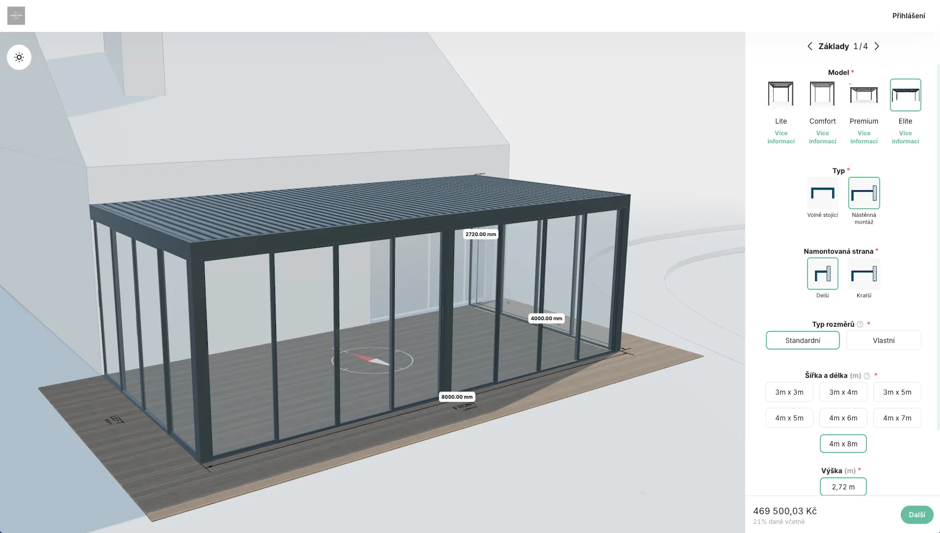The Garden Spirit configurator with a pergola in 3D and the option panel open.