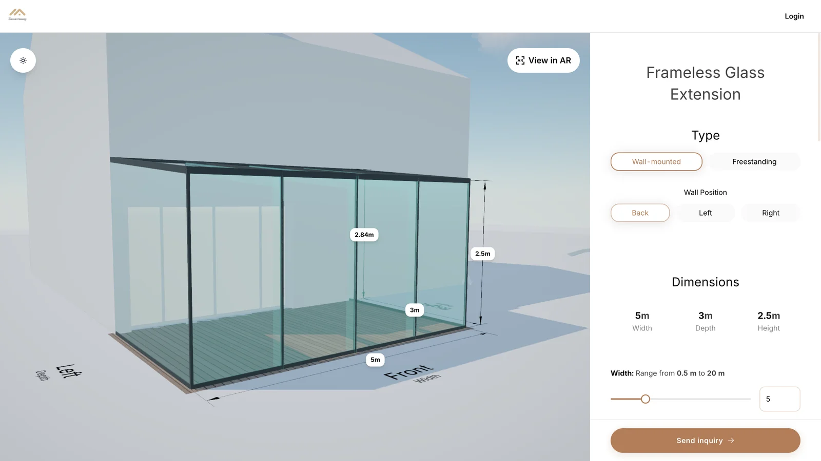 The Glass Extension Co. configurator with a frameless glass extension in 3D and the size controls open.