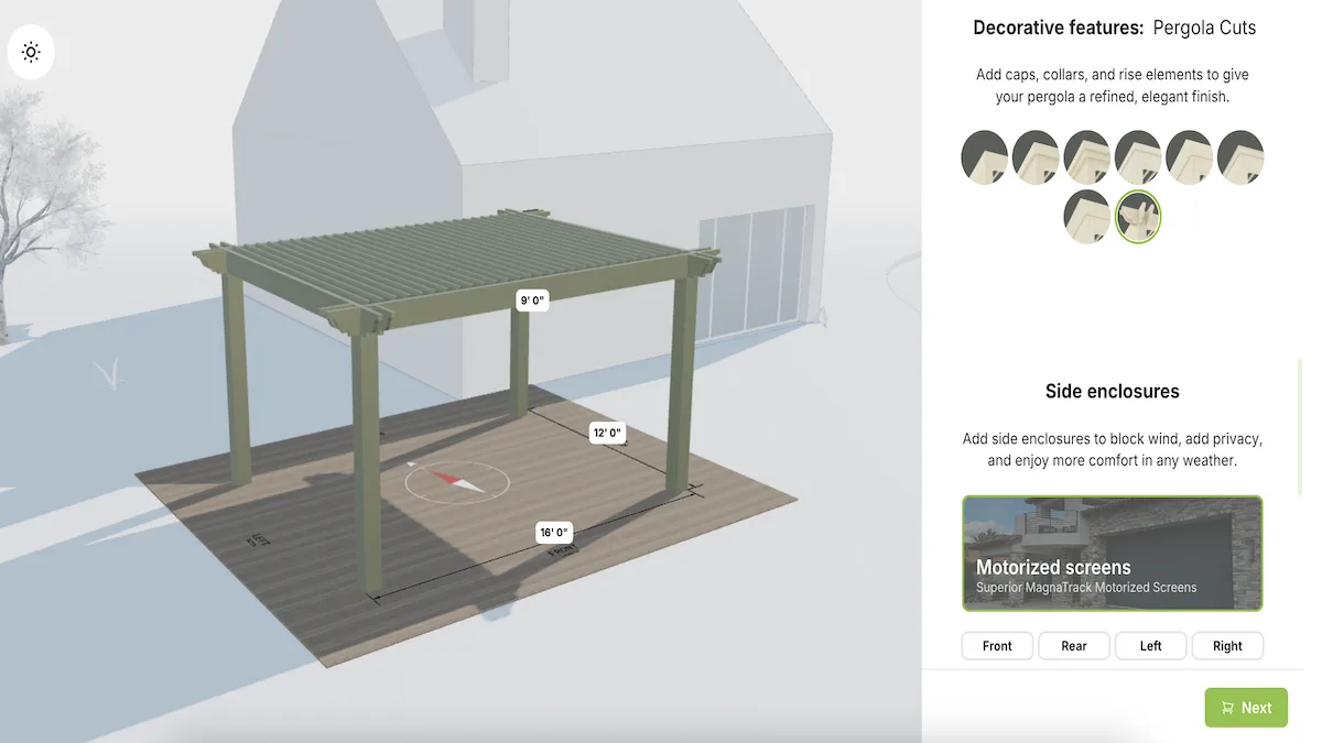 The pergola configurator that Kauffman Lawn Furniture runs on their website.