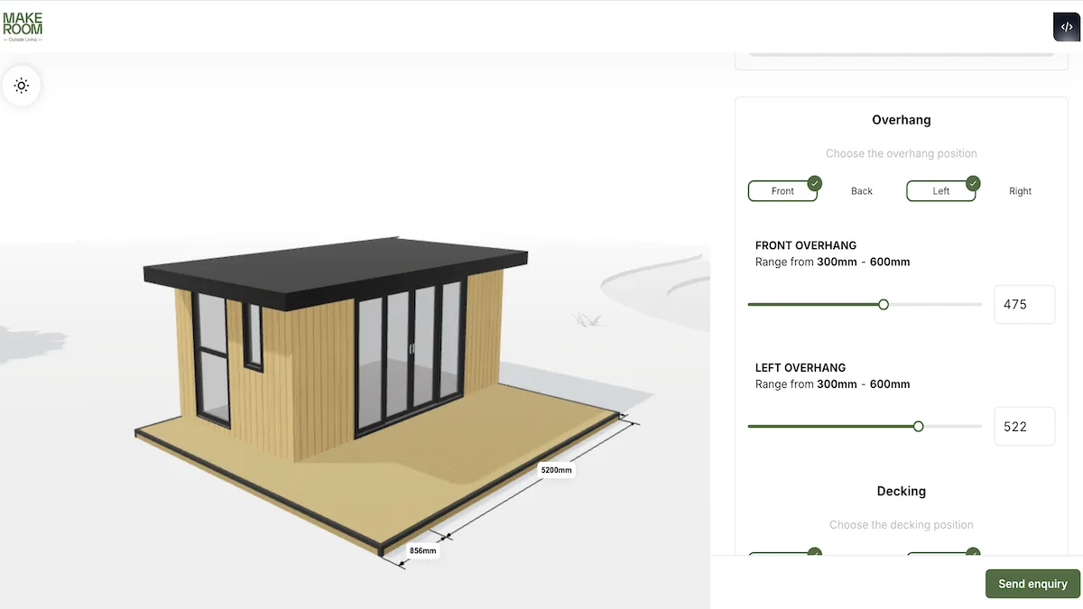 The Make Room Outside Living configurator with a garden room in 3D and the option panel open.