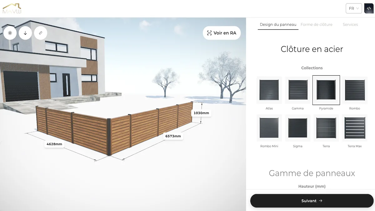 The Mavlli configurator with a fence in 3D and the panel collections open.