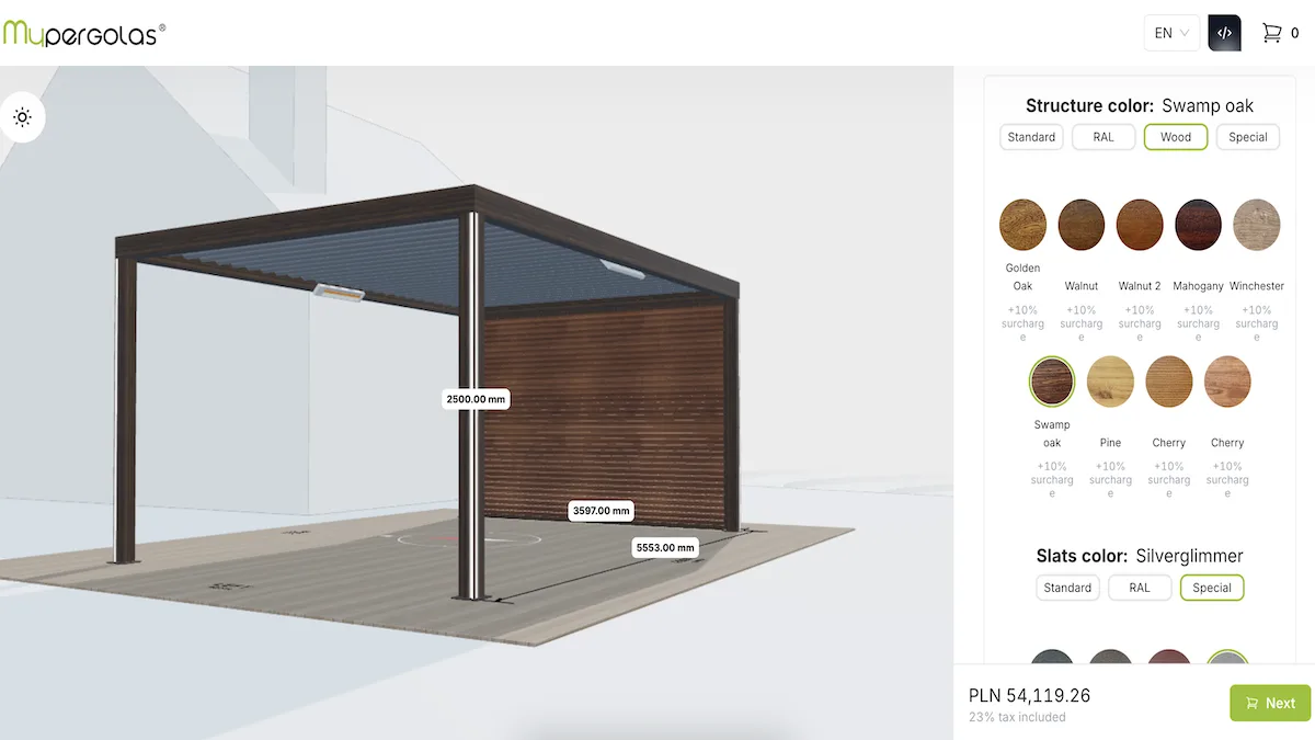 The pergola configurator that Mypergolas runs on their website.