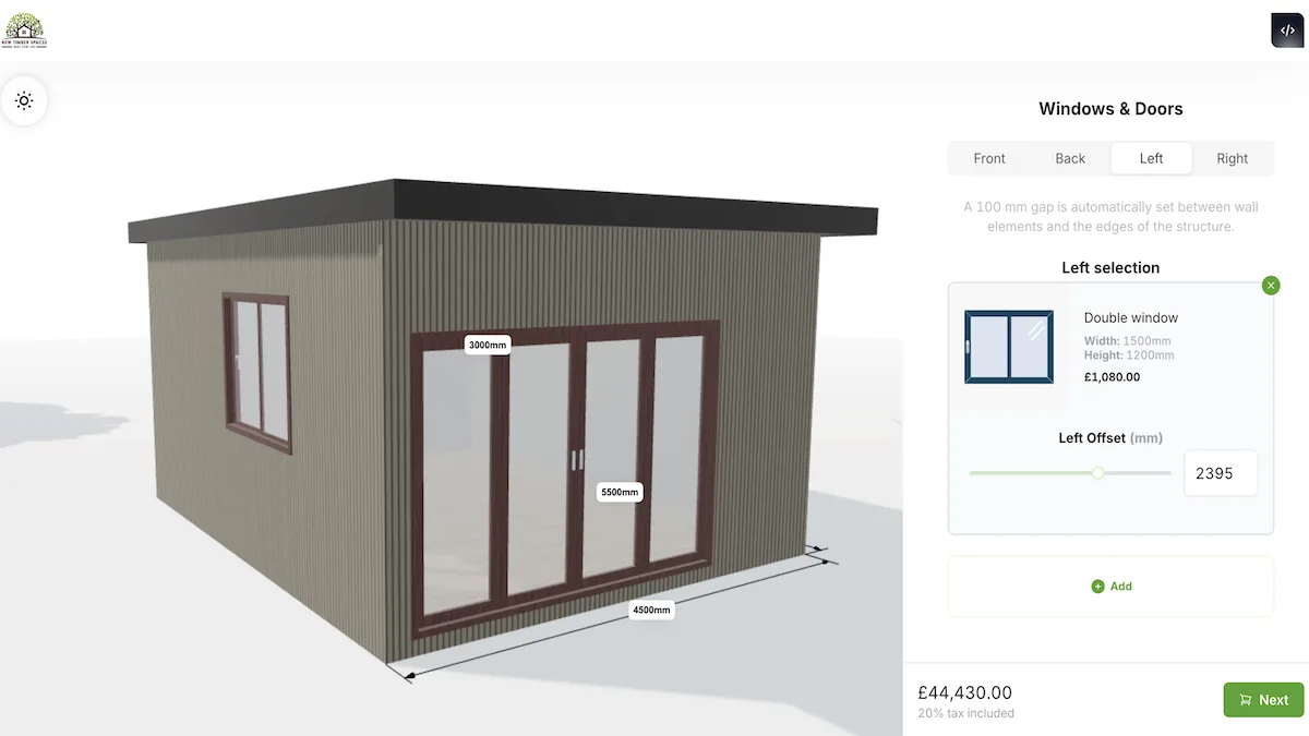 The garden room configurator that New Timber Spaces runs on their website.