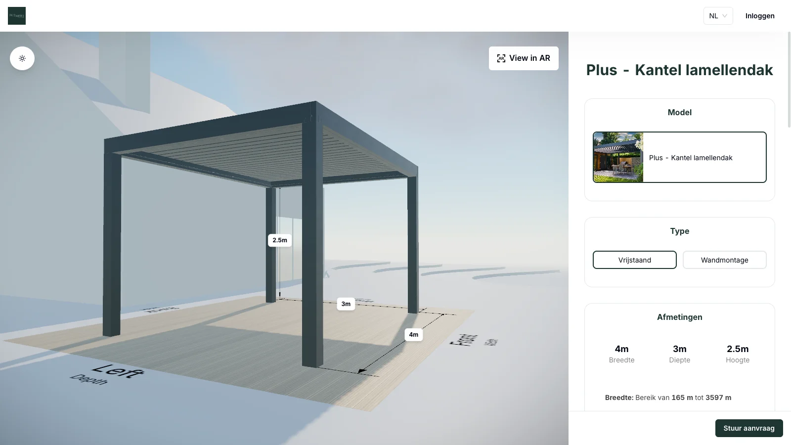 The Nobaniq configurator with the Plus louvred pergola in 3D and the size and colour controls open.