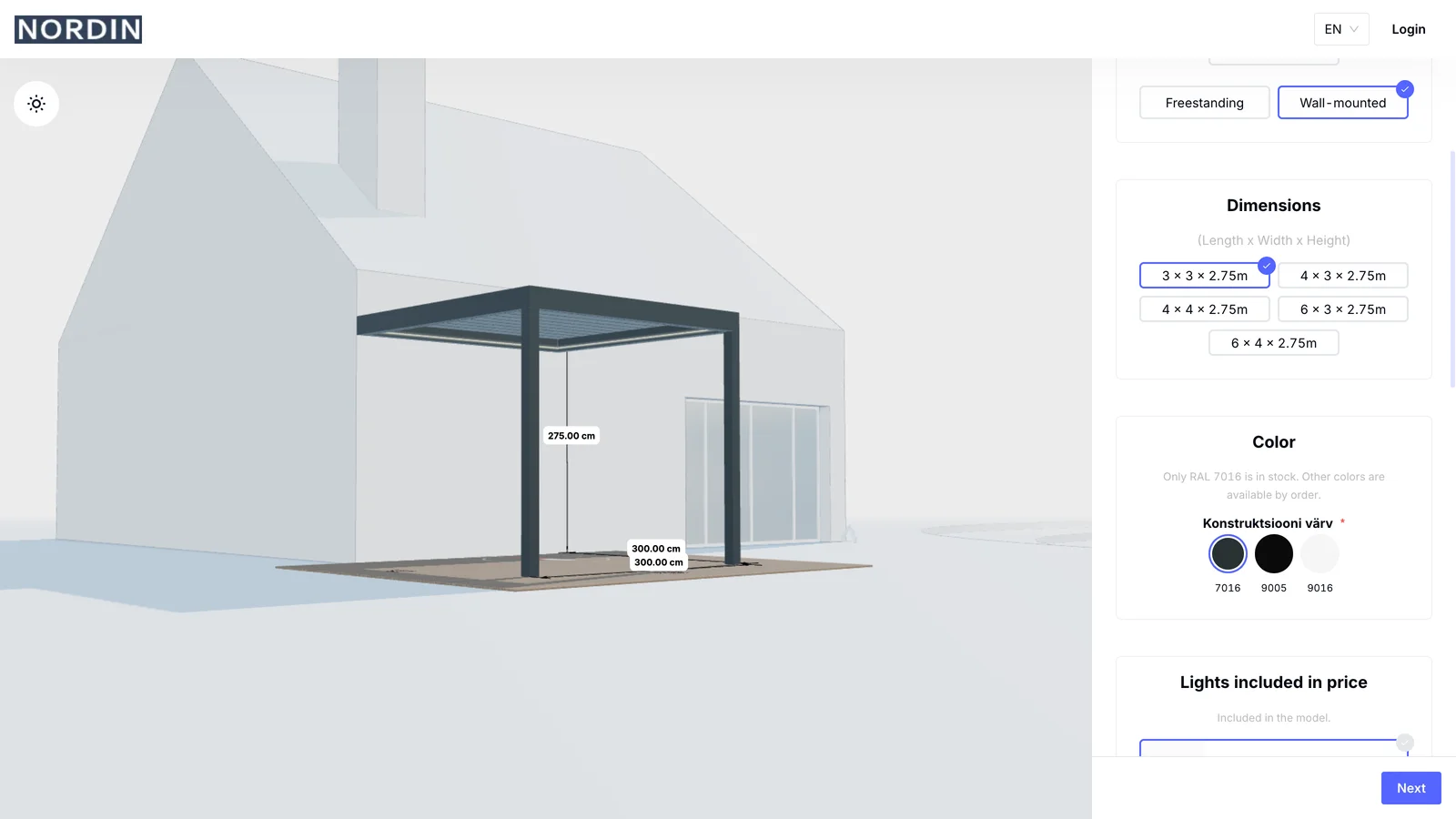 The Nordin configurator with a pergola in 3D and the option panel open.