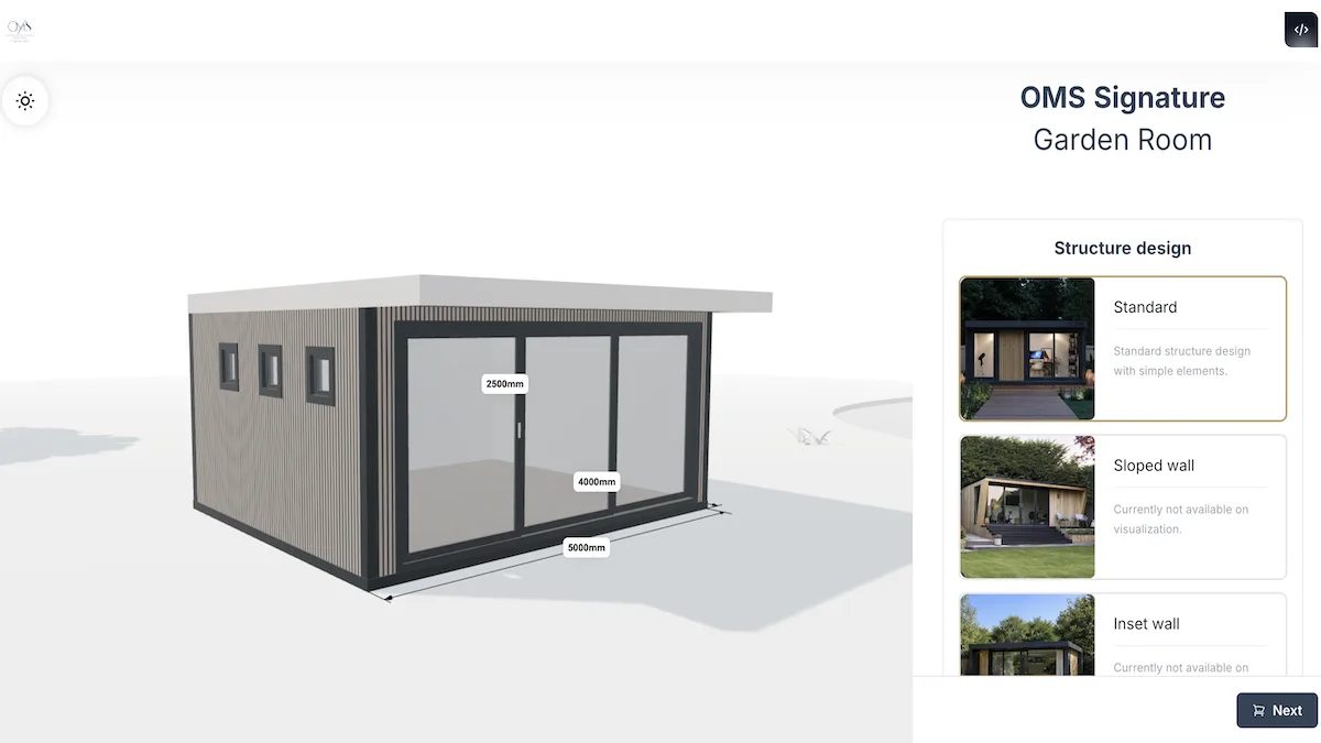 The garden room configurator that Outdoor Modular Spaces runs on their website.
