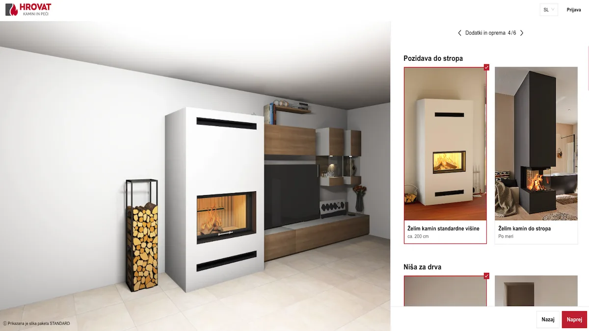 The fireplace configurator that Pečarstvo Hrovat runs on their website.