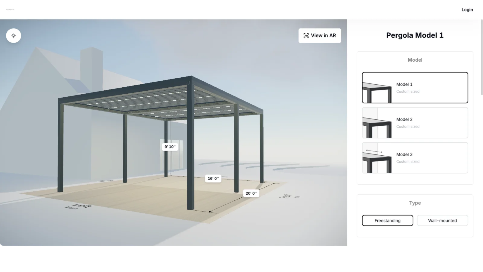 The Porch & Patio configurator with a pergola in 3D and the size and colour controls open.
