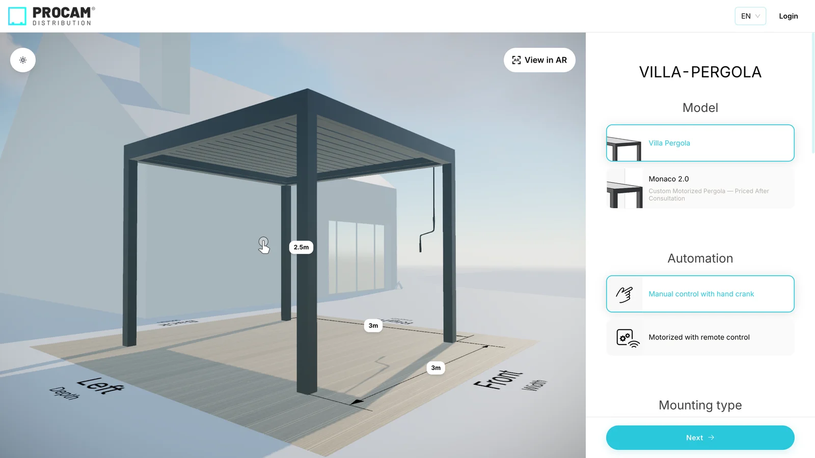 The Procam Distribution configurator showing a Villa Pergola in 3D with the model and automation choices open.