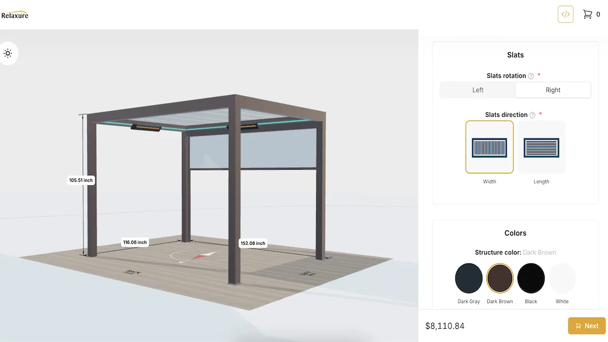 The pergola configurator that Relaxure runs on their website.
