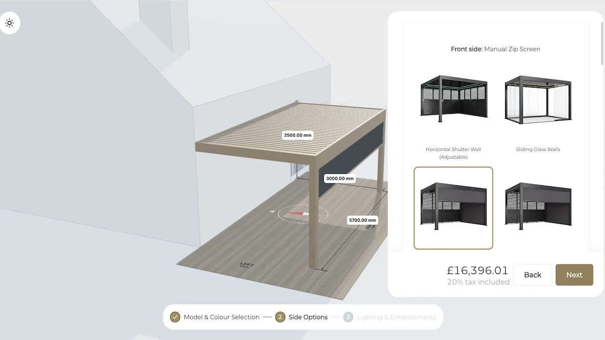 The pergola configurator that SOLA Pergolas runs on their website.