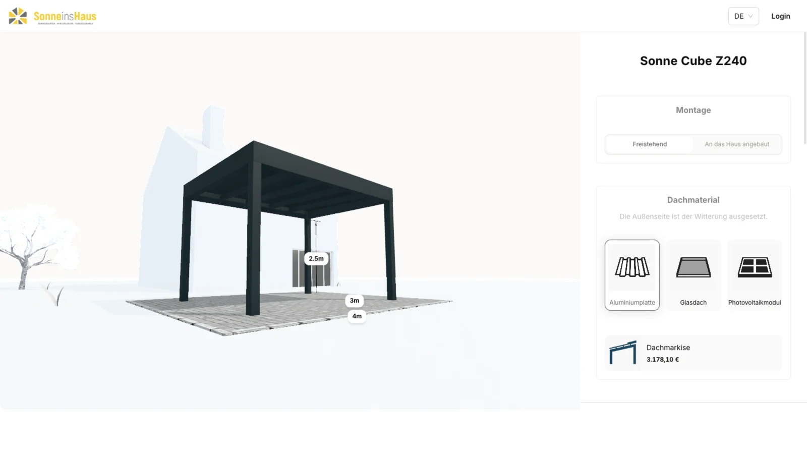 The Sonne ins Haus configurator with the Sonne Cube Z240 in 3D and the roof and size controls open.