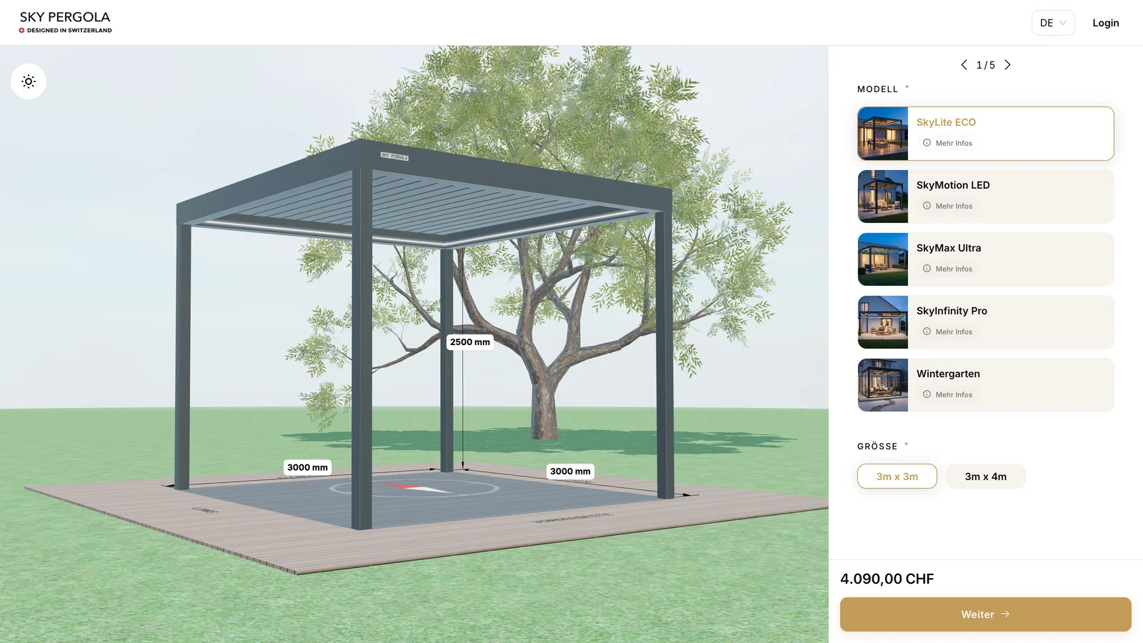 The Spa Solutions configurator with a pergola in 3D and the option panel open.