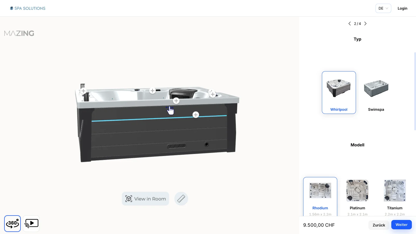 The Spa Solutions configurator with a whirlpool in 3D and the option panel open.