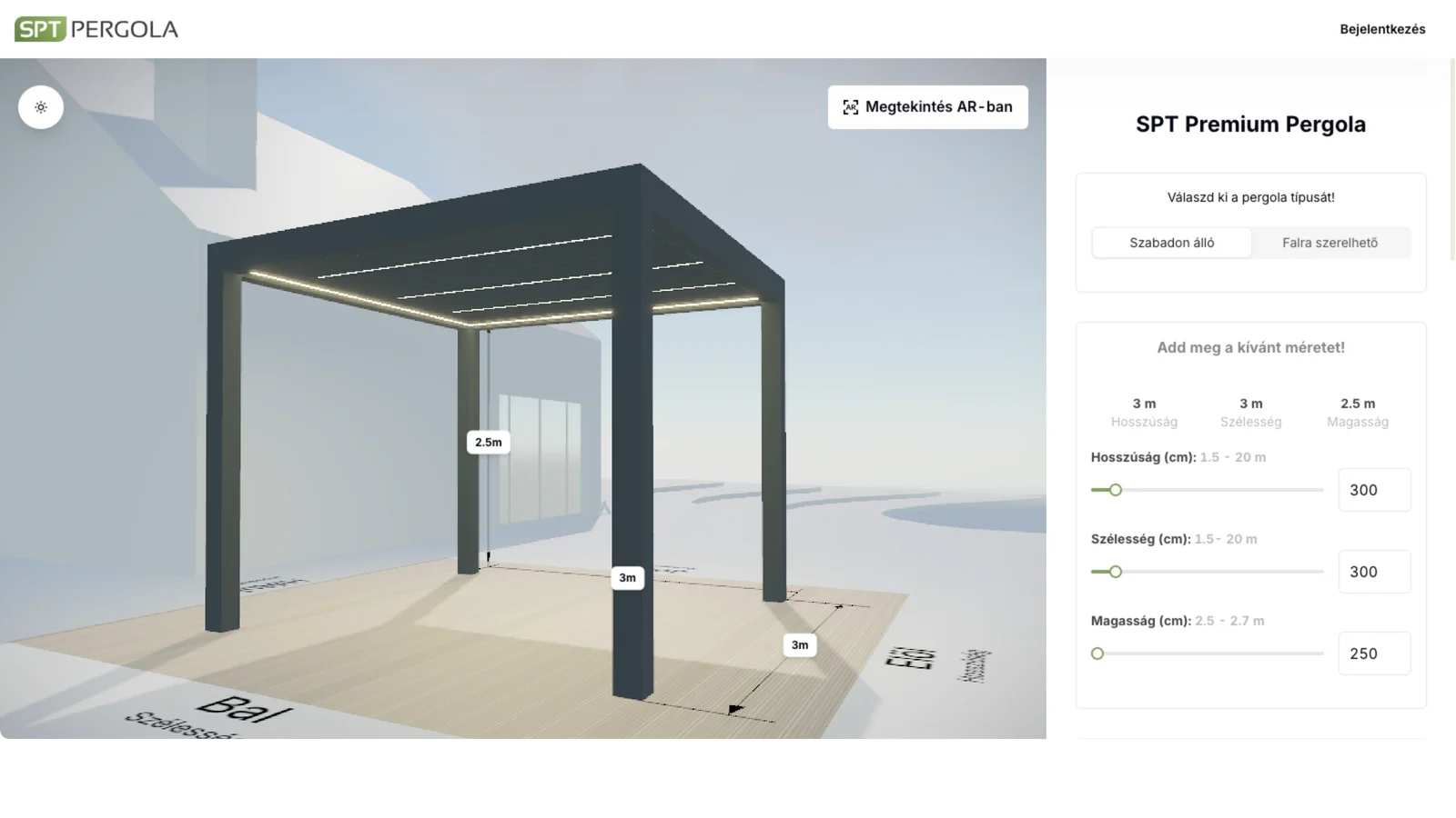 The pergola configurator that SPT Pergola runs on their website.