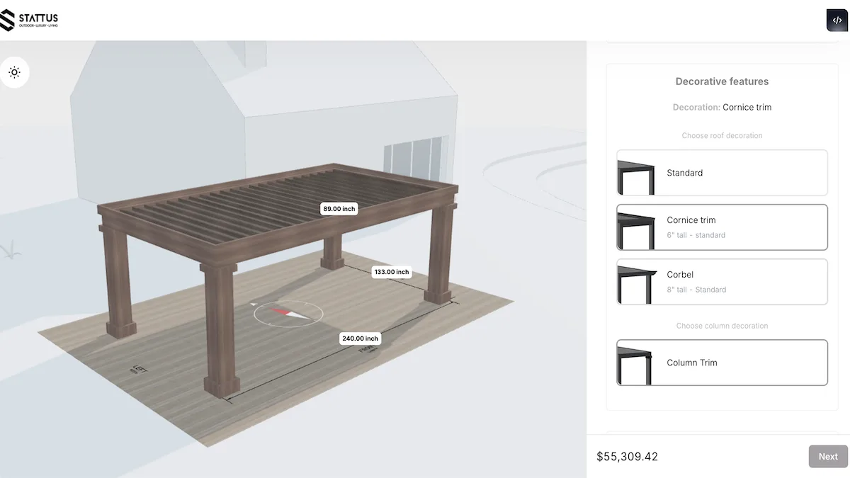The pergola configurator that Stattus Technology runs on their website.