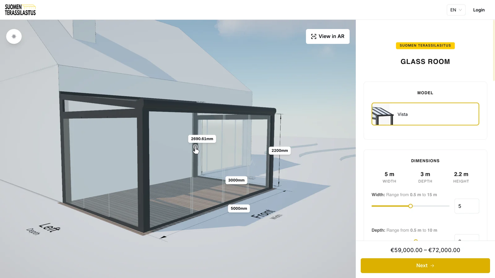 The glass room configurator that Suomen Terassilasitus runs on their website.