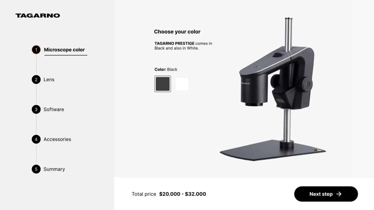 The digital microscope configurator that Tagarno runs on their website.