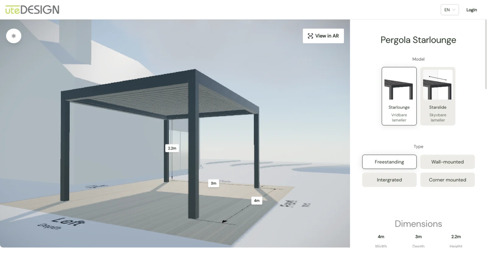 The uteDESIGN configurator with a Starlounge pergola in 3D and the size and enclosure controls open.