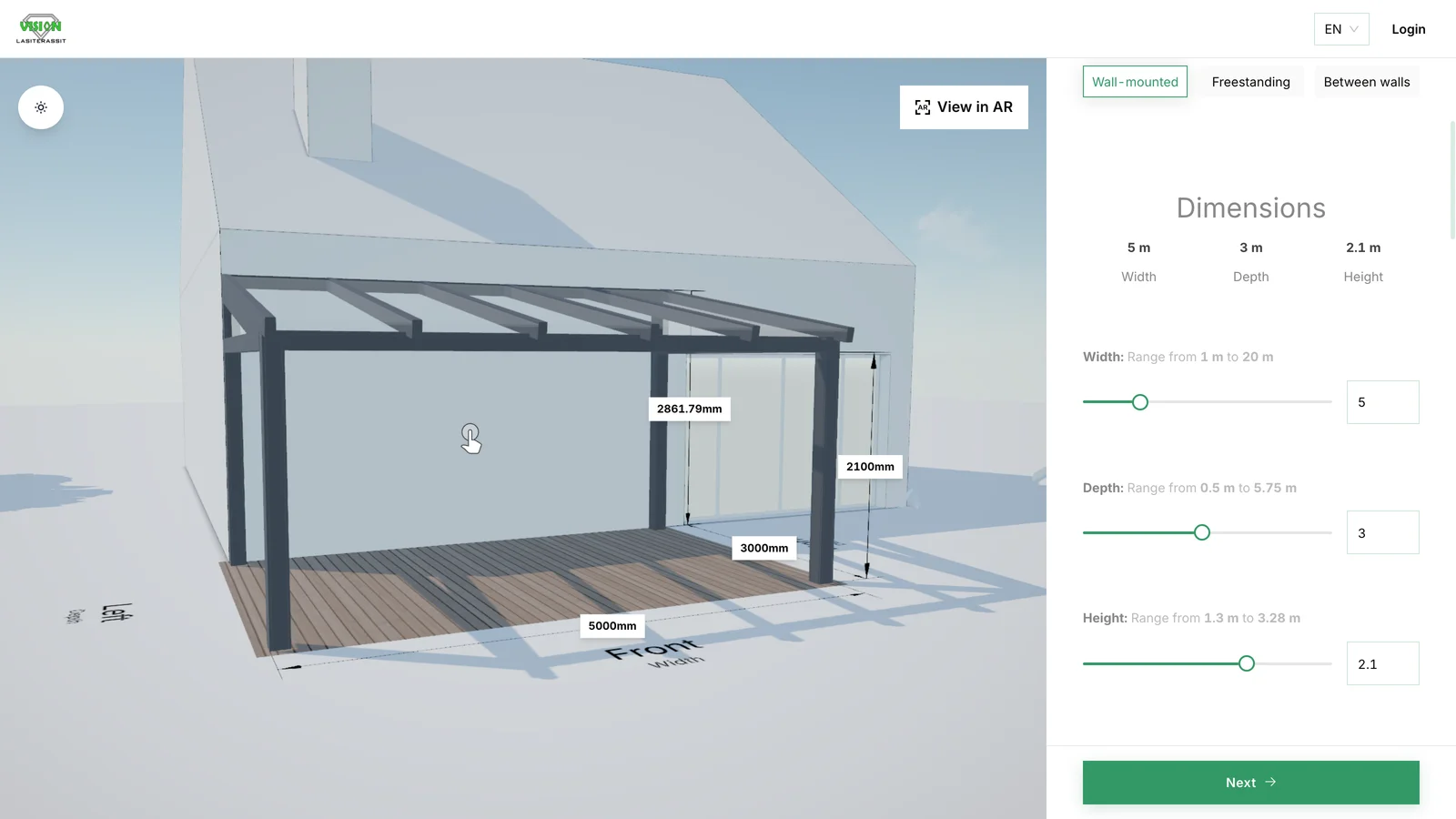 The Vision Lasiterassit configurator with a veranda in 3D and the option panel open.