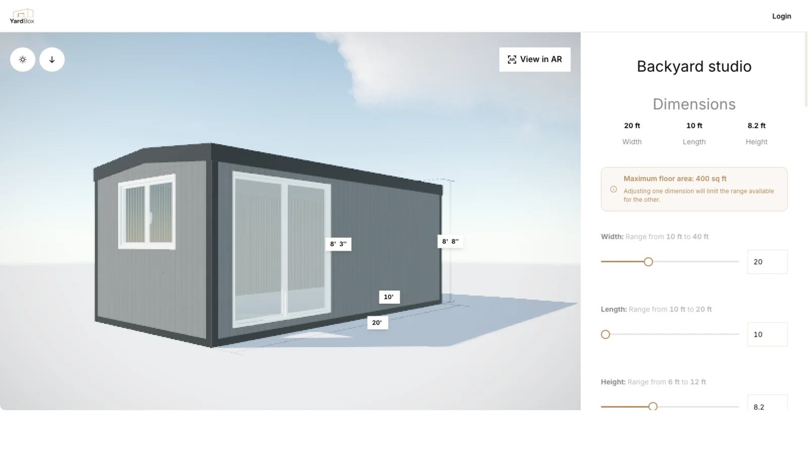 The YardBox configurator with a backyard studio in 3D and the size controls open in feet.