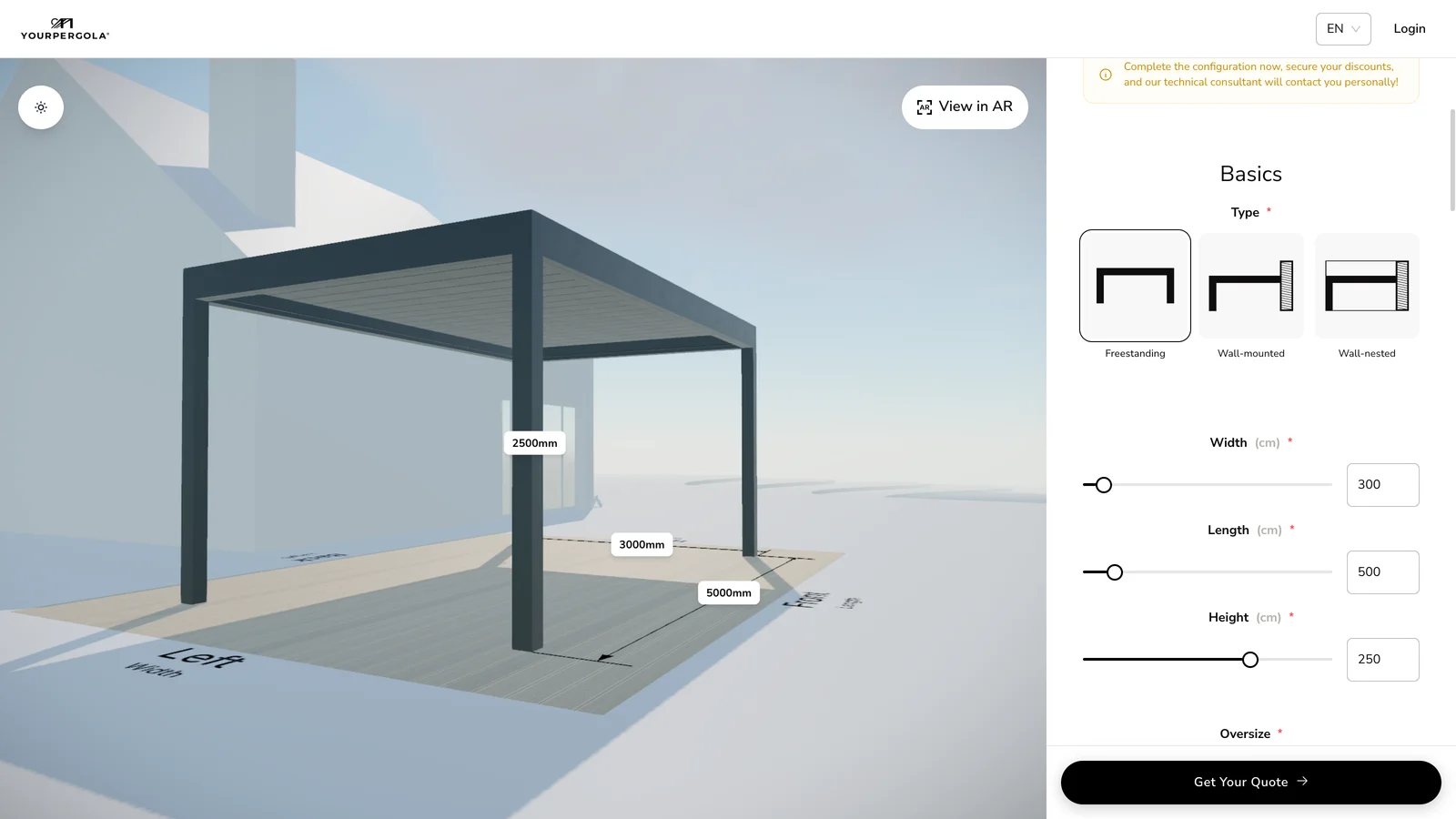 The pergola configurator that YourPergola runs on their website.